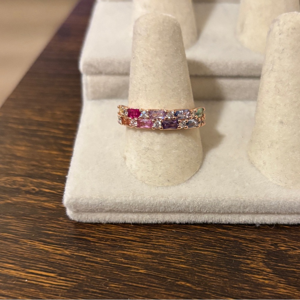 Bomb Party Rose Gold Ring with Multicolor Rainbow Gemstones, Size 8